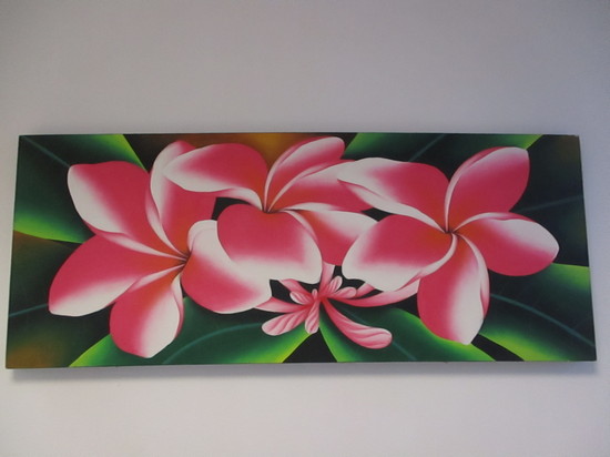PUT/767 Quadro batik dipinto a mano cm100x40 fiori di loto rosa